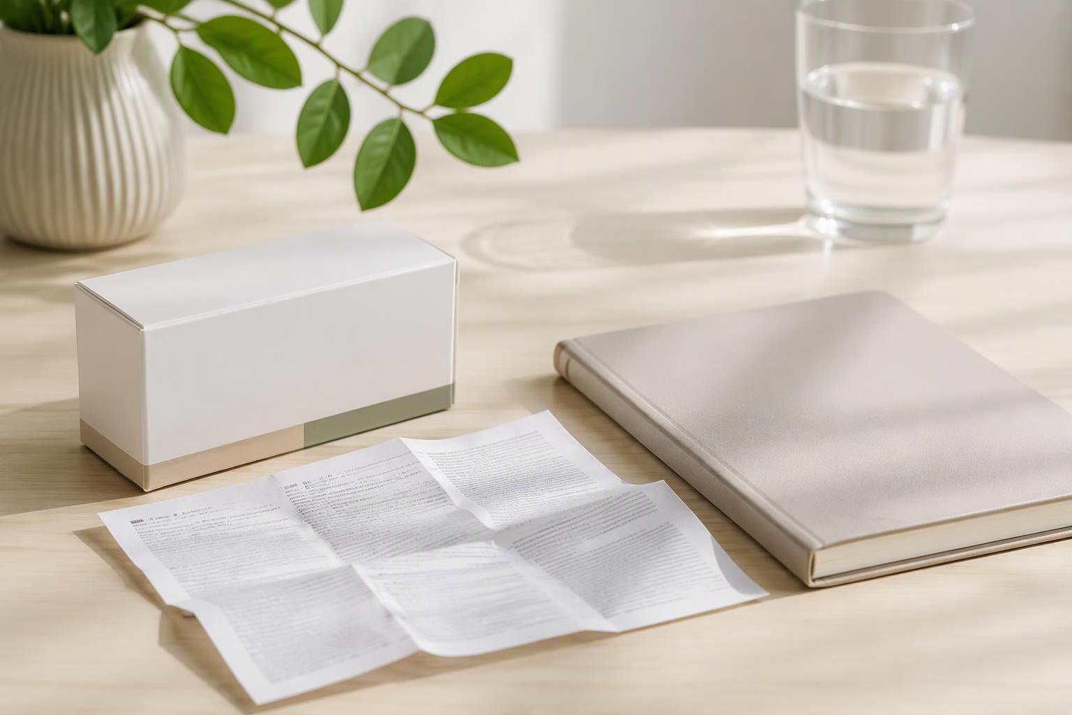 Embalagem neutra, bula e caderno organizados sobre uma mesa.